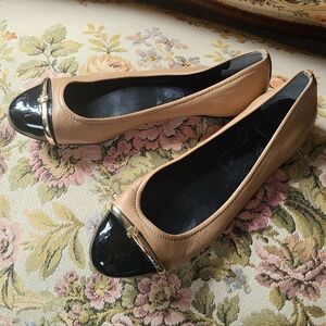 Tory Burch Leather Flats With Black Patent Toe Cap